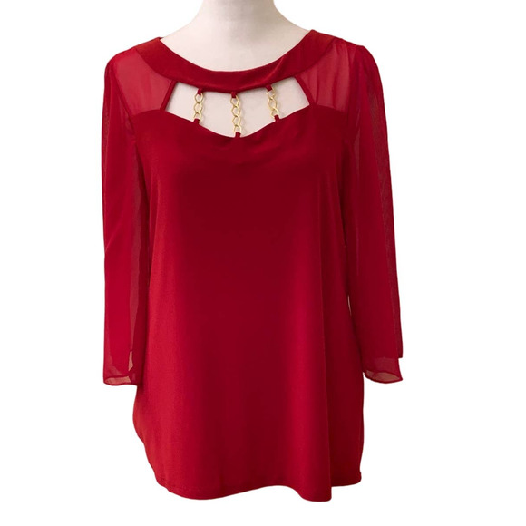 Adele & May Tops - Adele & May Women's Red Sleeve Blouse with Sheer Chiffon Flowy Sleeve, Size L